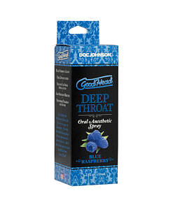 GoodHead Deep Throat Spray Blue Raspberry bottle with spray nozzle on a bright blue background