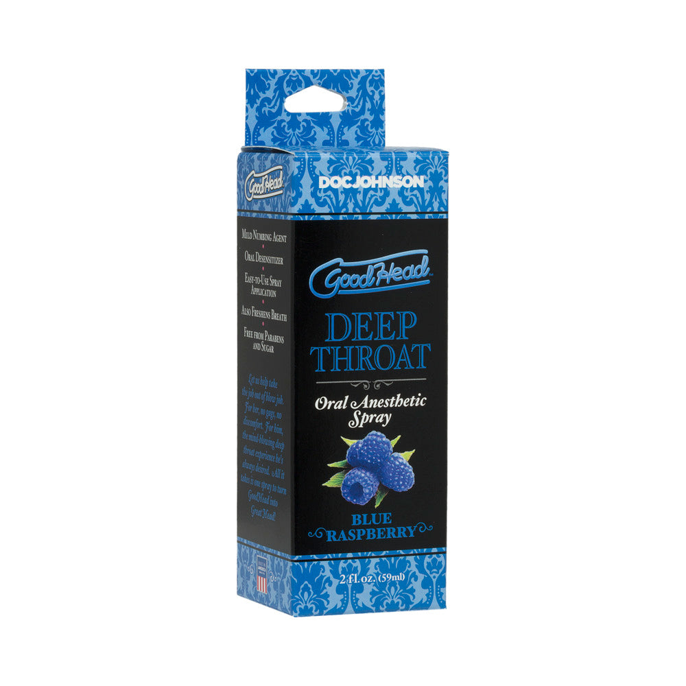 GoodHead Deep Throat Spray Blue Raspberry bottle with spray nozzle on a bright blue background