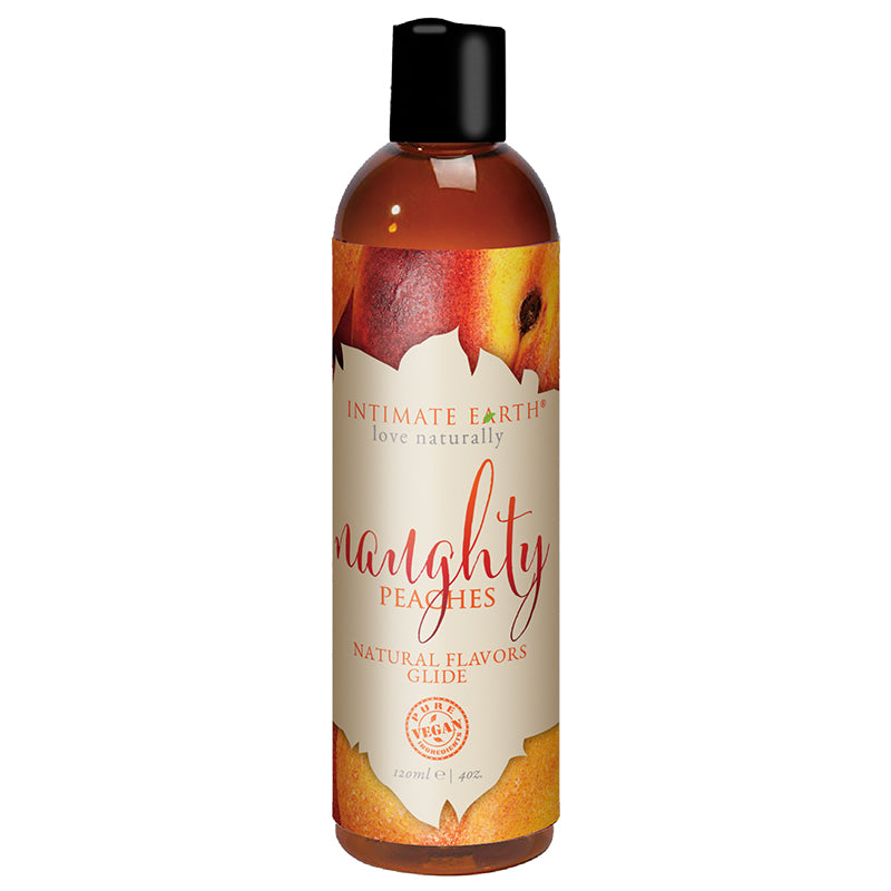 Intimate Earth Naughty Peach Glide 120 ml bottle with peach illustration