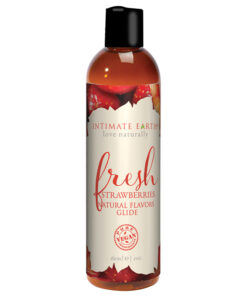 Intimate Earth Fresh Strawberries Pleasure Glide 60ml bottle with strawberry illustration on a white background