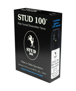 Stud 100 Desensitizing Spray 0.44 oz bottle held in hand showing nozzle and 0.44 fl oz size label.