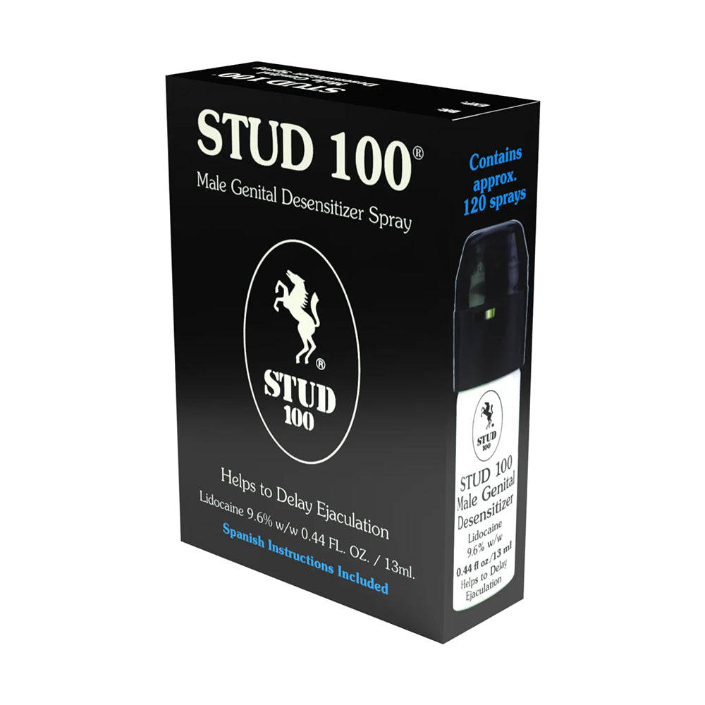 Stud 100 Desensitizing Spray 0.44 oz bottle held in hand showing nozzle and 0.44 fl oz size label.