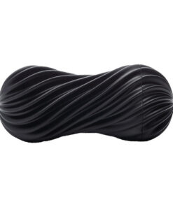 Tenga FLEX Rocky Black masturbator with spiral-ribbed black outer case and soft translucent internal sleeve on a clean white background.