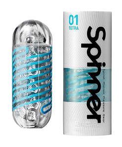 Tenga Spinner Tetra stroker showing translucent blue sleeve and silver internal spiral coil against a white background.