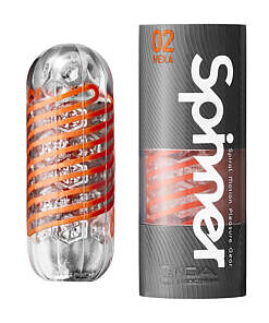 Tenga Spinner Hexa handheld stroker with transparent outer shell showing internal spiral coil and soft inner sleeve.