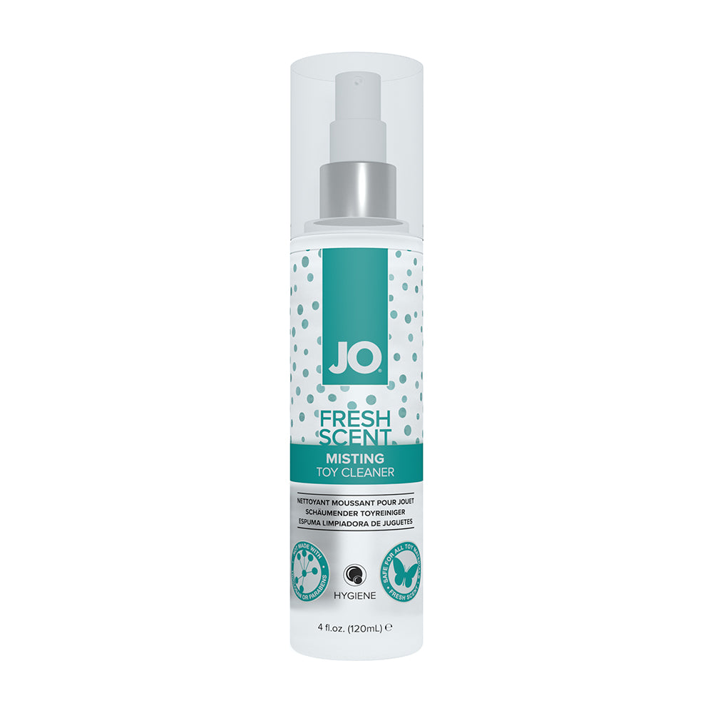 JO Misting Toy Cleaner 4 oz spray bottle with light blue liquid