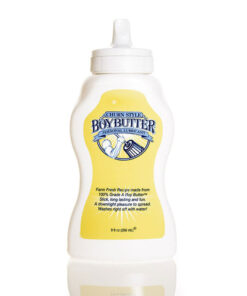 Boy Butter 9oz squeeze lubricant bottle with white and blue label