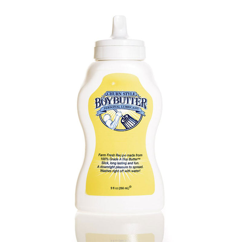 Boy Butter 9oz squeeze lubricant bottle with white and blue label