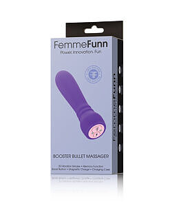 FemmeFunn Booster Bullet Massager dark purple silicone bullet vibrator with magnetic charging cable on starry backdrop.