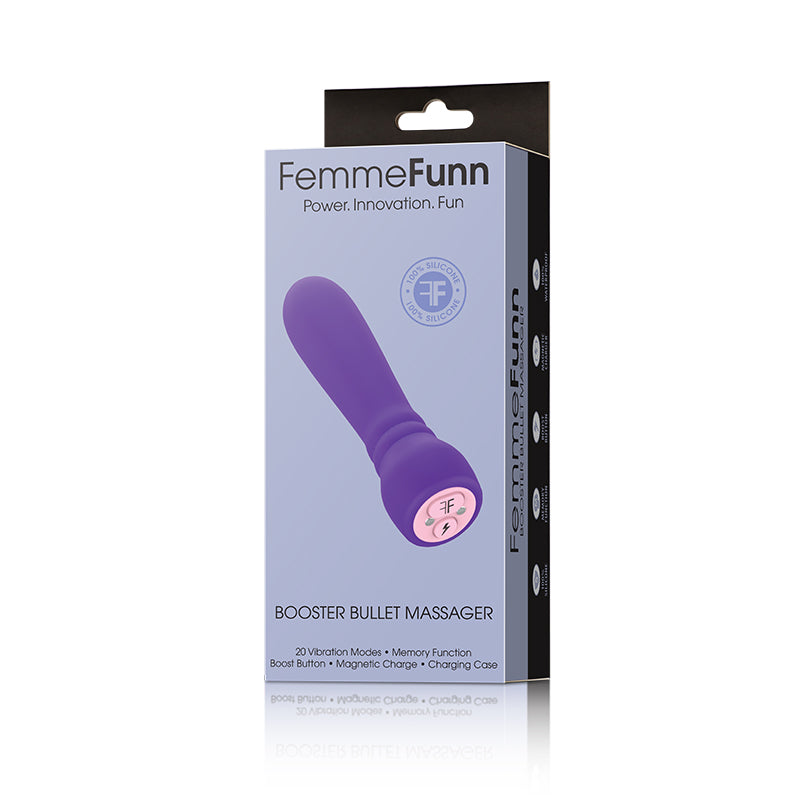FemmeFunn Booster Bullet Massager dark purple silicone bullet vibrator with magnetic charging cable on starry backdrop.