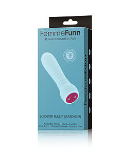 Light blue FemmeFunn Booster Bullet Massager in hand