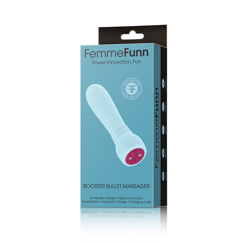 Light blue FemmeFunn Booster Bullet Massager in hand