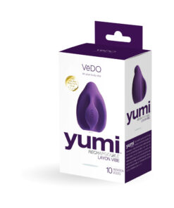 VeDO Yumi Finger Vibe deep purple rechargeable vibrator with nub tip held between index and middle fingers