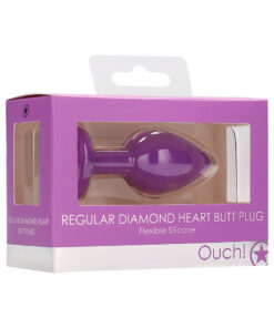 Ouch! Flexible Silicone Diamond Heart Butt Plug Purple Regular showcasing glossy purple silicone and faceted diamond base.