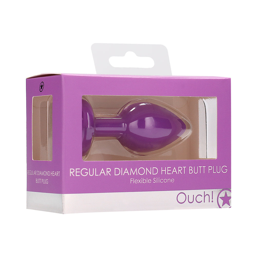 Ouch! Flexible Silicone Diamond Heart Butt Plug Purple Regular showcasing glossy purple silicone and faceted diamond base.