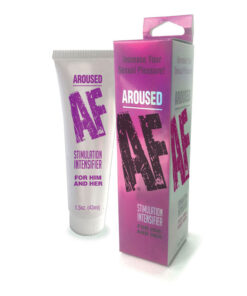 Aroused AF Stimulation Intensifier Cream 1.5 oz pump bottle on a soft satin sheet with subtle candlelight background.