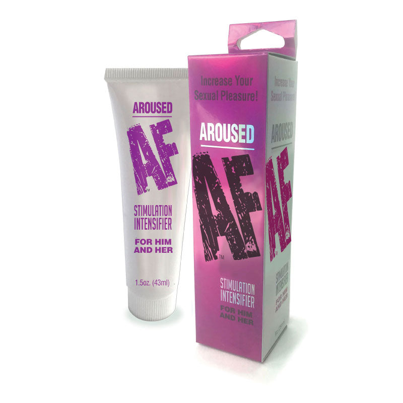 Aroused AF Stimulation Intensifier Cream 1.5 oz pump bottle on a soft satin sheet with subtle candlelight background.