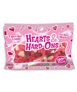 Hearts and Hard Ons 3 Oz Bag: assorted fruit-flavored hard candies in heart and phallic shapes