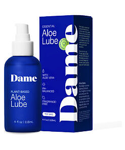 Dame Aloe Lube Personal Lubricant 4 oz. bottle with pump top on a nightstand