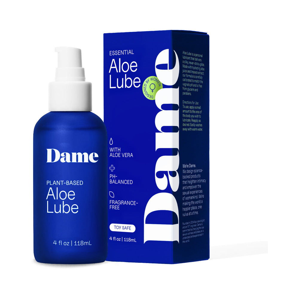 Dame Aloe Lube Personal Lubricant 4 oz. bottle with pump top on a nightstand