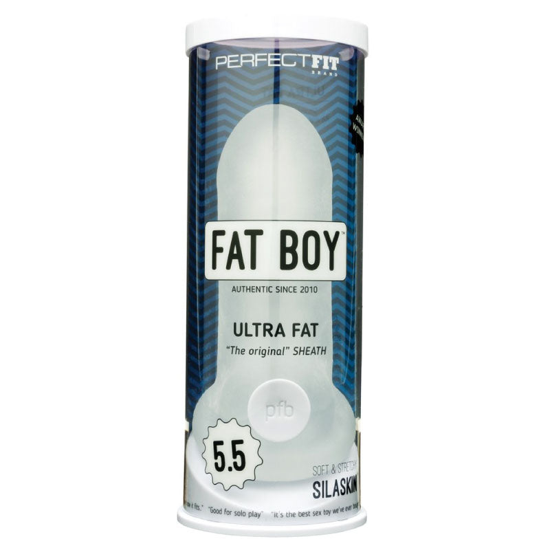 Clear Ultra Fat Sleeve lying against a dark background showing its transparent stretchy texture and ribbed interior.