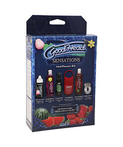 GoodHead Sensations Kit showing six oral enhancer items in colorful packaging with watermelon and vanilla flavors.