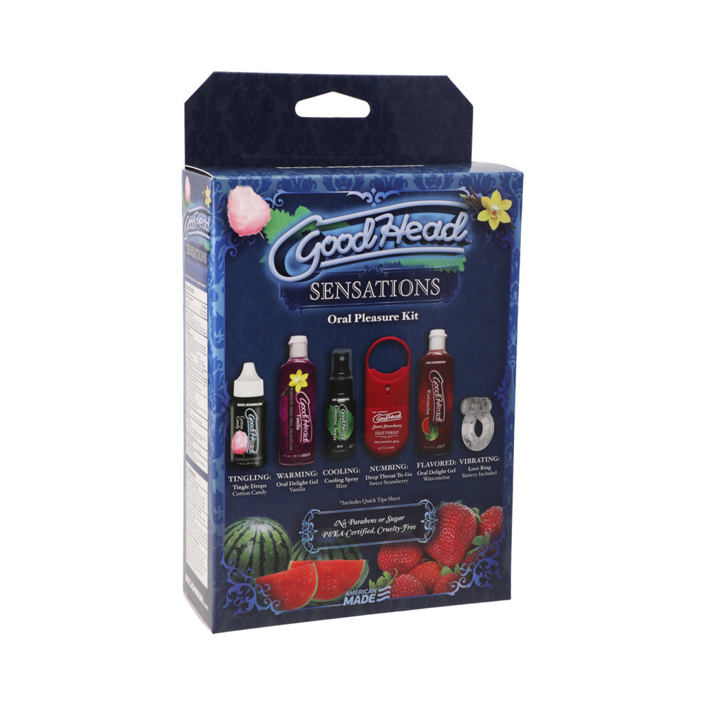 GoodHead Sensations Kit showing six oral enhancer items in colorful packaging with watermelon and vanilla flavors.