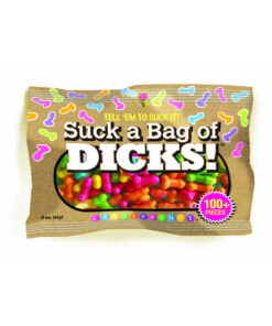 Suck A Bag Of Dicks 3oz candy bag spilling colorful pecker-shaped candies on a party table.