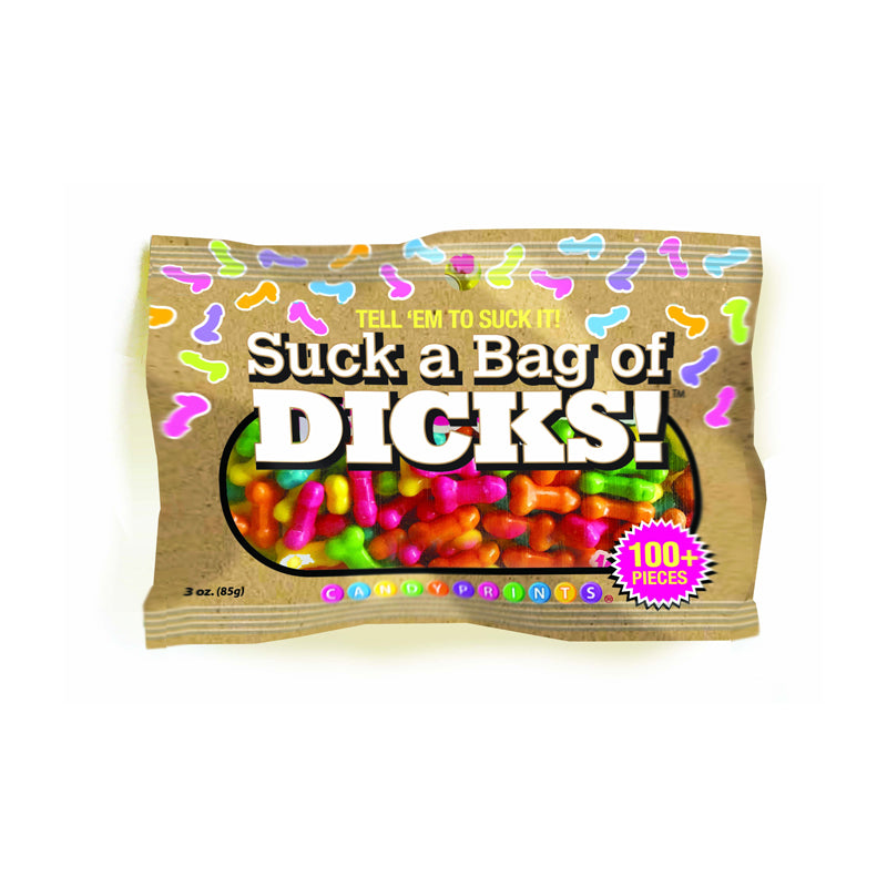 Suck A Bag Of Dicks 3oz candy bag spilling colorful pecker-shaped candies on a party table.