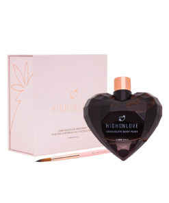 HighOnLove Dark Chocolate Body Paint jar on a sensual backdrop with chocolate drips and a soft candlelight glow.