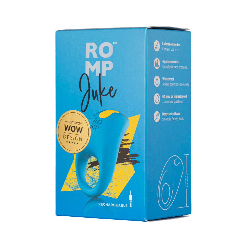 ROMP Juke rechargeable vibrating penis ring in light blue