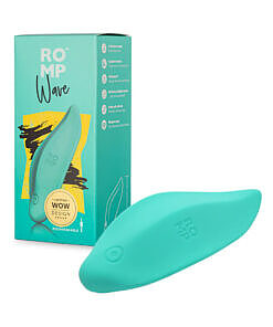 Mint ROMP Wave silicone lay-on vibrator on a white surface