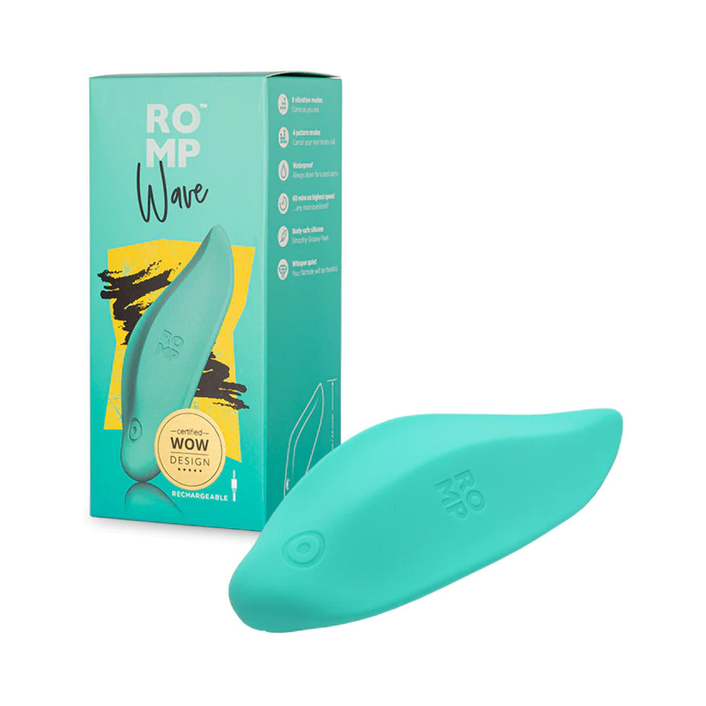 Mint ROMP Wave silicone lay-on vibrator on a white surface