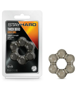 Black stretchy TPE thick bead cockring with pronounced beads on white background