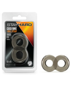 Black stretchy TPE Stay Hard Cockring and Ball Strap on white background