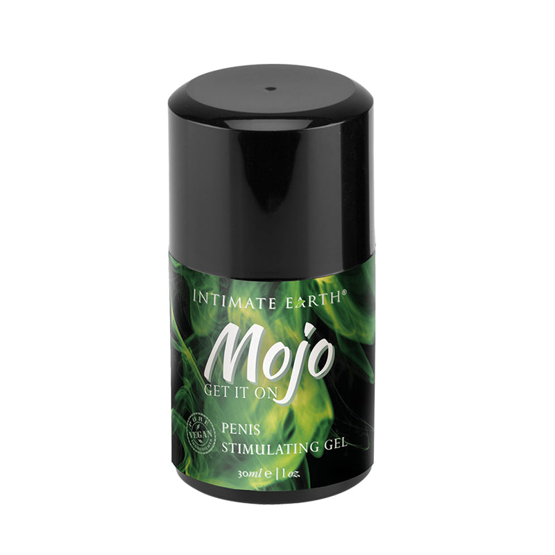 Intimate Earth Mojo Penis Stimulating Gel 1 oz bottle on a clean surface