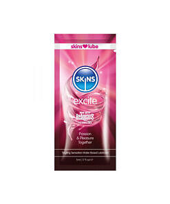 Skins Excite Tingling Water-Based Lube 5 ml sample bottle on a glossy surface