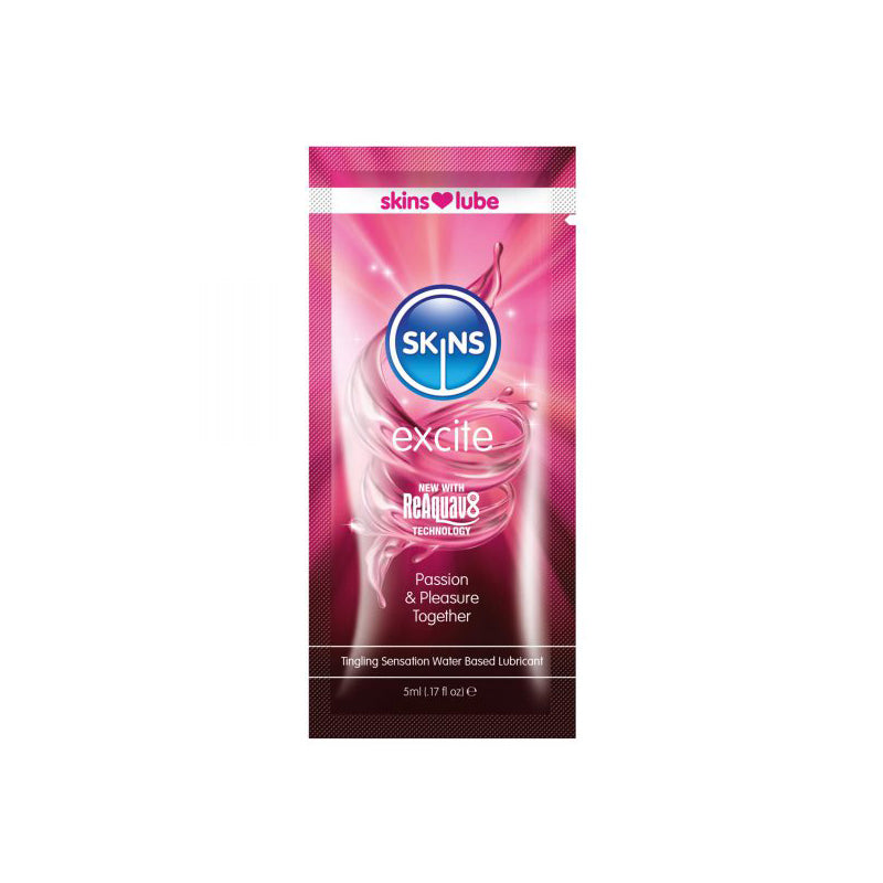 Skins Excite Tingling Water-Based Lube 5 ml sample bottle on a glossy surface