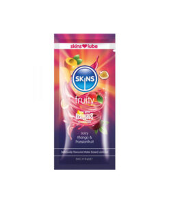 Skins Mango & Passionfruit Lubricant 5 ml bottle with a mango and passionfruit slice on a clean white surface.