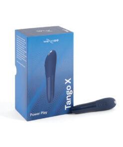 We-Vibe Tango X intense bullet vibrator midnight blue with silicone surface and travel case on white background.