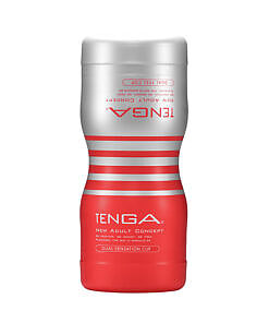 Tenga Dual Sensation Cup disposable male masturbator with white TPE sleeve and blue PE casing