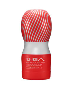 Tenga Air Flow Cup prelubricated disposable stroker showing textured sleeve and air flow channel