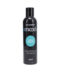 Mood Lube Water-Based 8 fl oz bottle with flip cap next to a silicone toy