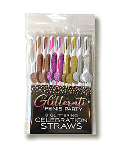Glitterati Penis Party Straws 8-Pack with metallic stripe and glitter penis applique in a champagne flute