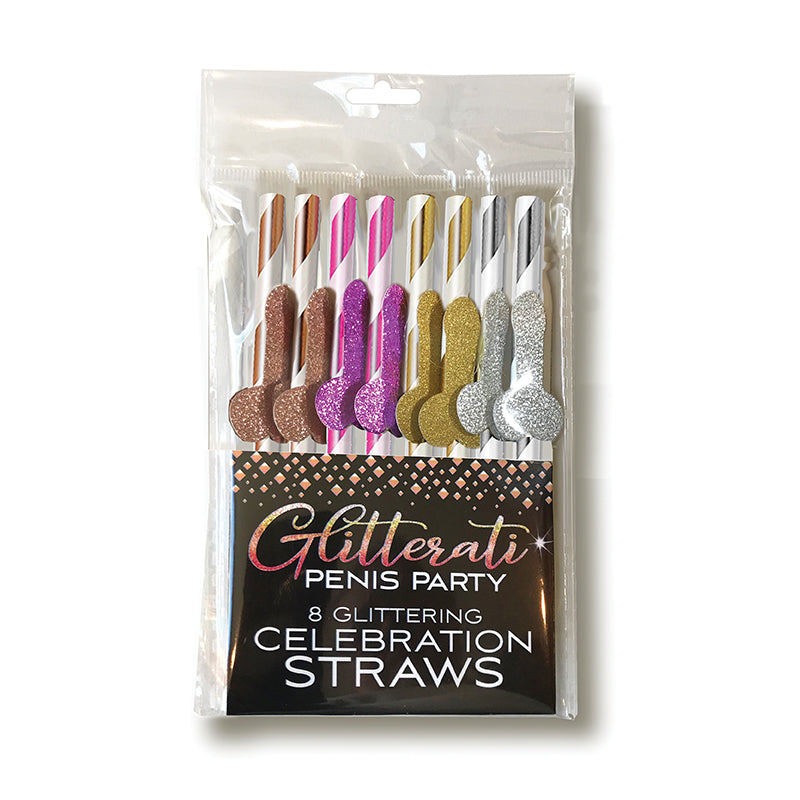 Glitterati Penis Party Straws 8-Pack with metallic stripe and glitter penis applique in a champagne flute