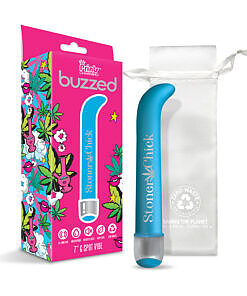 Prints Charming Buzzed 7 inch G Spot Vibe in Stoner Chick blue with curved tip and satiny cannabis design on white