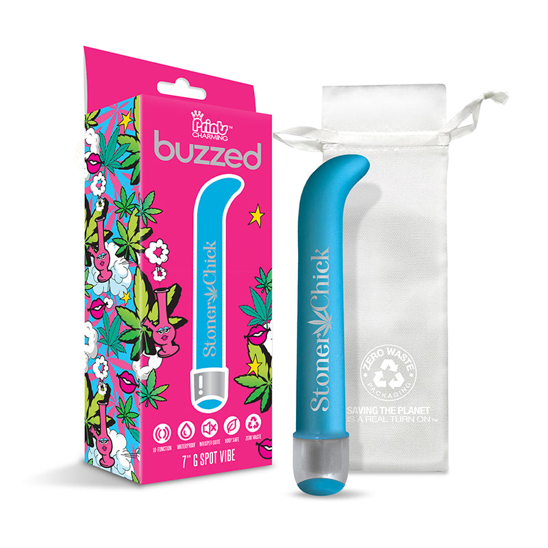 Prints Charming Buzzed 7 inch G Spot Vibe in Stoner Chick blue with curved tip and satiny cannabis design on white