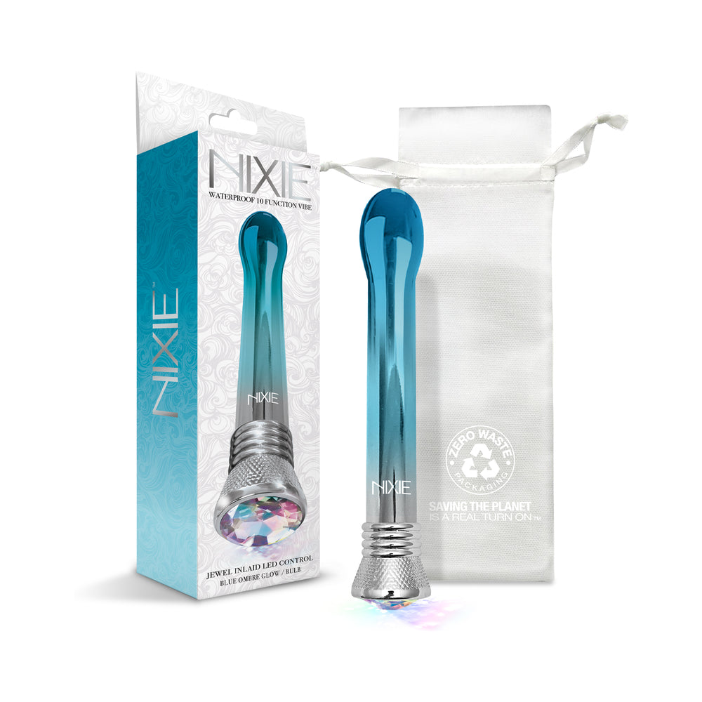 Nixie Waterproof Bulb Vibe in Blue Ombre Glow with illuminated LED base and metallic finish on a dark background.