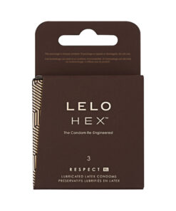 LELO HEX Respect XL 3-pack box and individual foil-wrapped lubricated latex condoms featuring hexagonal micro-texture design on packaging