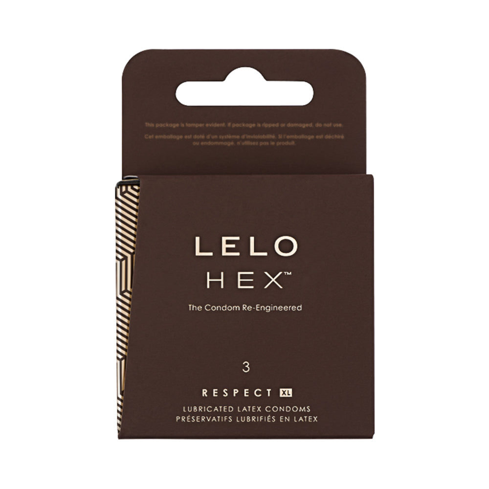 LELO HEX Respect XL 3-pack box and individual foil-wrapped lubricated latex condoms featuring hexagonal micro-texture design on packaging